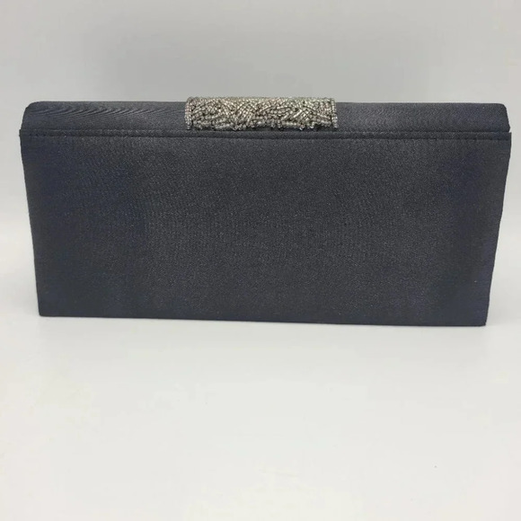 Vintage Jessica McClintock Black Satin Clutch Evening Bag Silver Beaded Accent - Picture 6 of 15